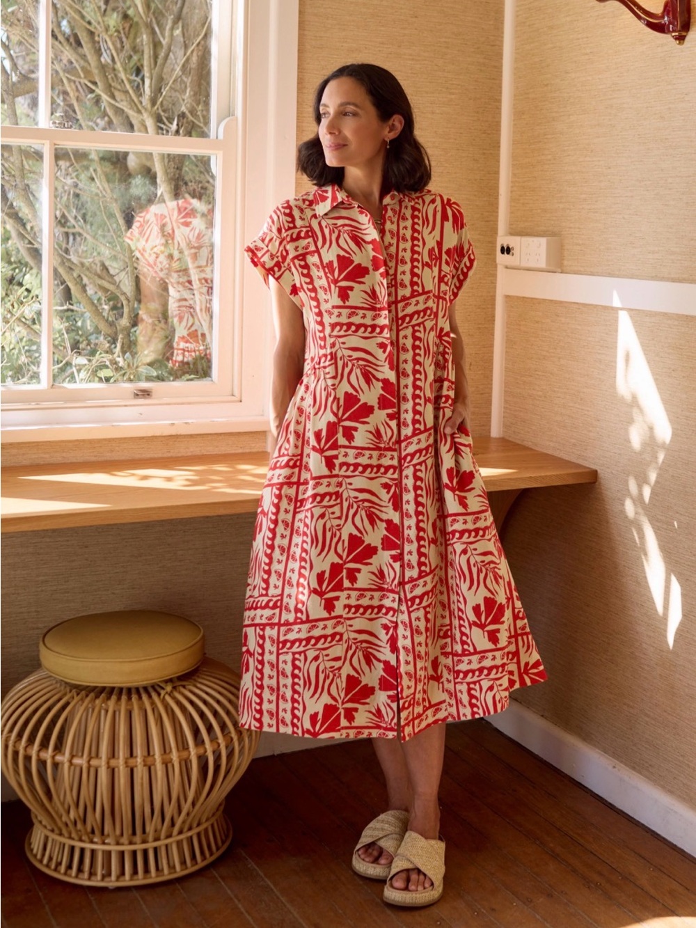Maya Margot Shirtdress Red and Cream Printed Button-Front Midi Dress w/pockets!